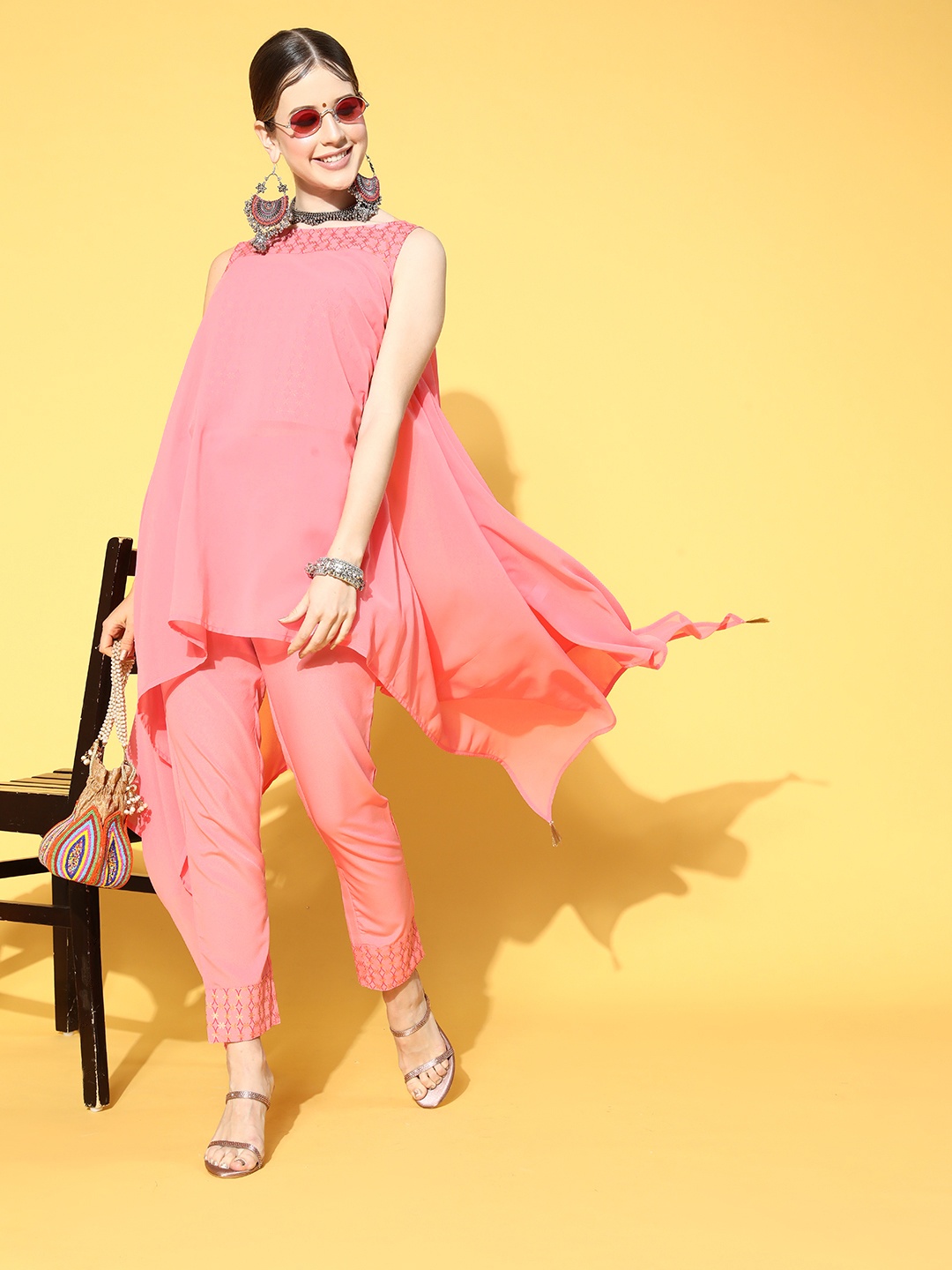 

Anouk Ethnic Motifs Polyester Draped Luxe Kurta Set, Peach