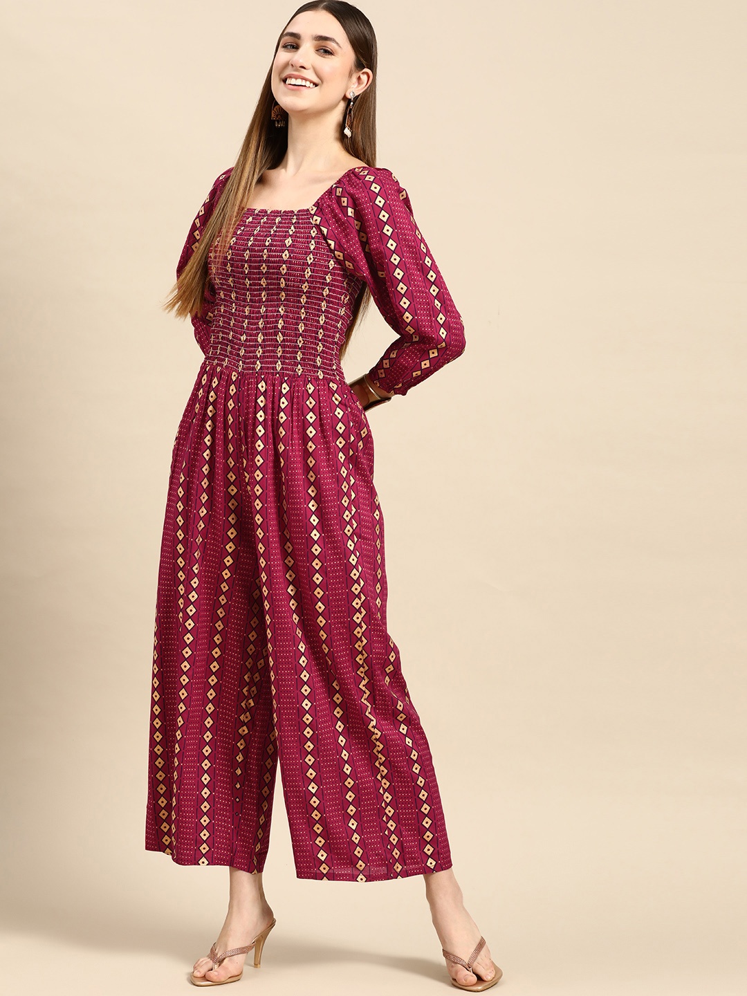 

Anouk Women Magenta & Navy Blue Geometric Printed Smocked Basic Jumpsuit