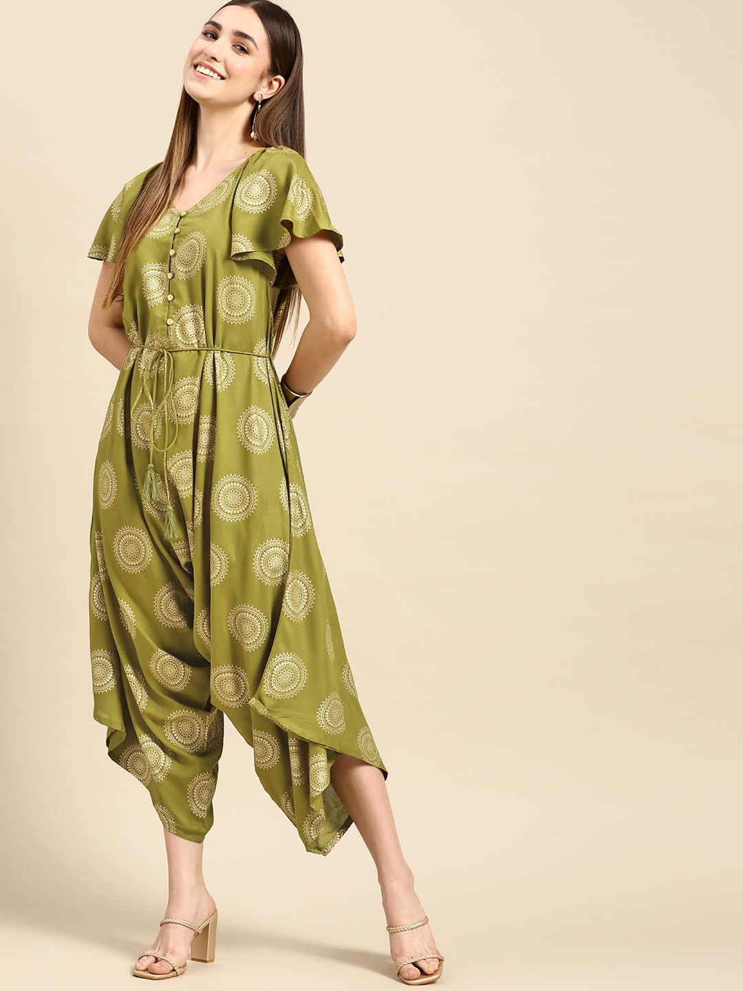 

Anouk Women Olive Green & Golden Ethnic Motifs Printed Basic Jumpsuit