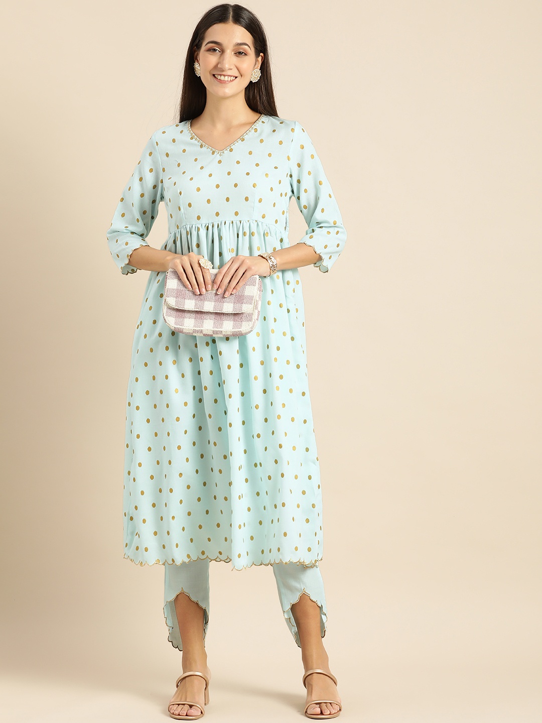 

Anouk Women Blue Printed Kurta with Trousers