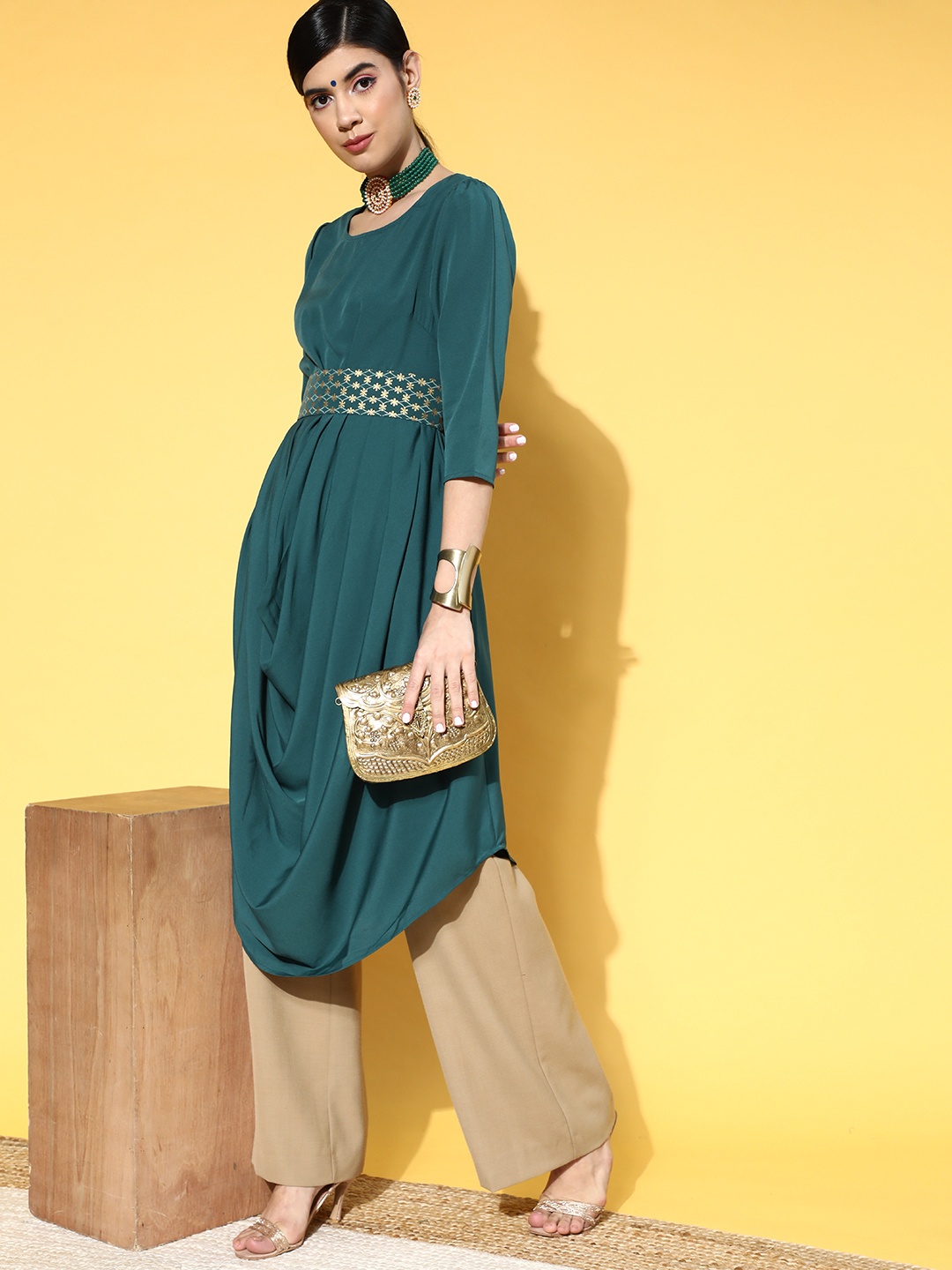 

Anouk Gorgeous Green Polyester Draped Luxe Kurta