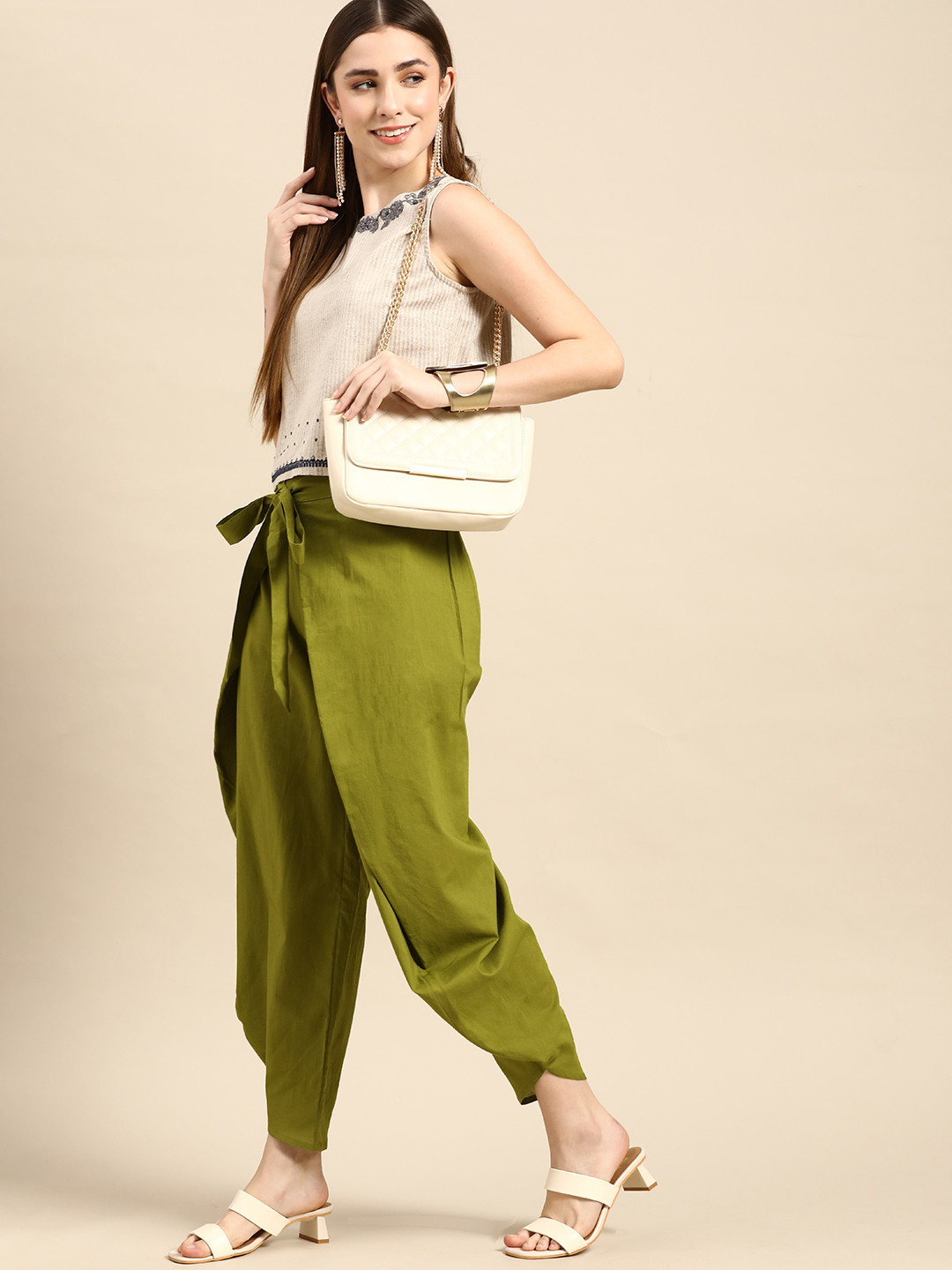 

Anouk Women Olive Green Solid Pure Cotton Dhoti Pants