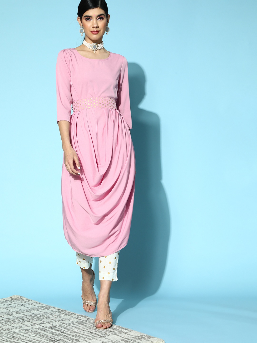 

Anouk Pretty Pink Polyester Draped Luxe Kurta