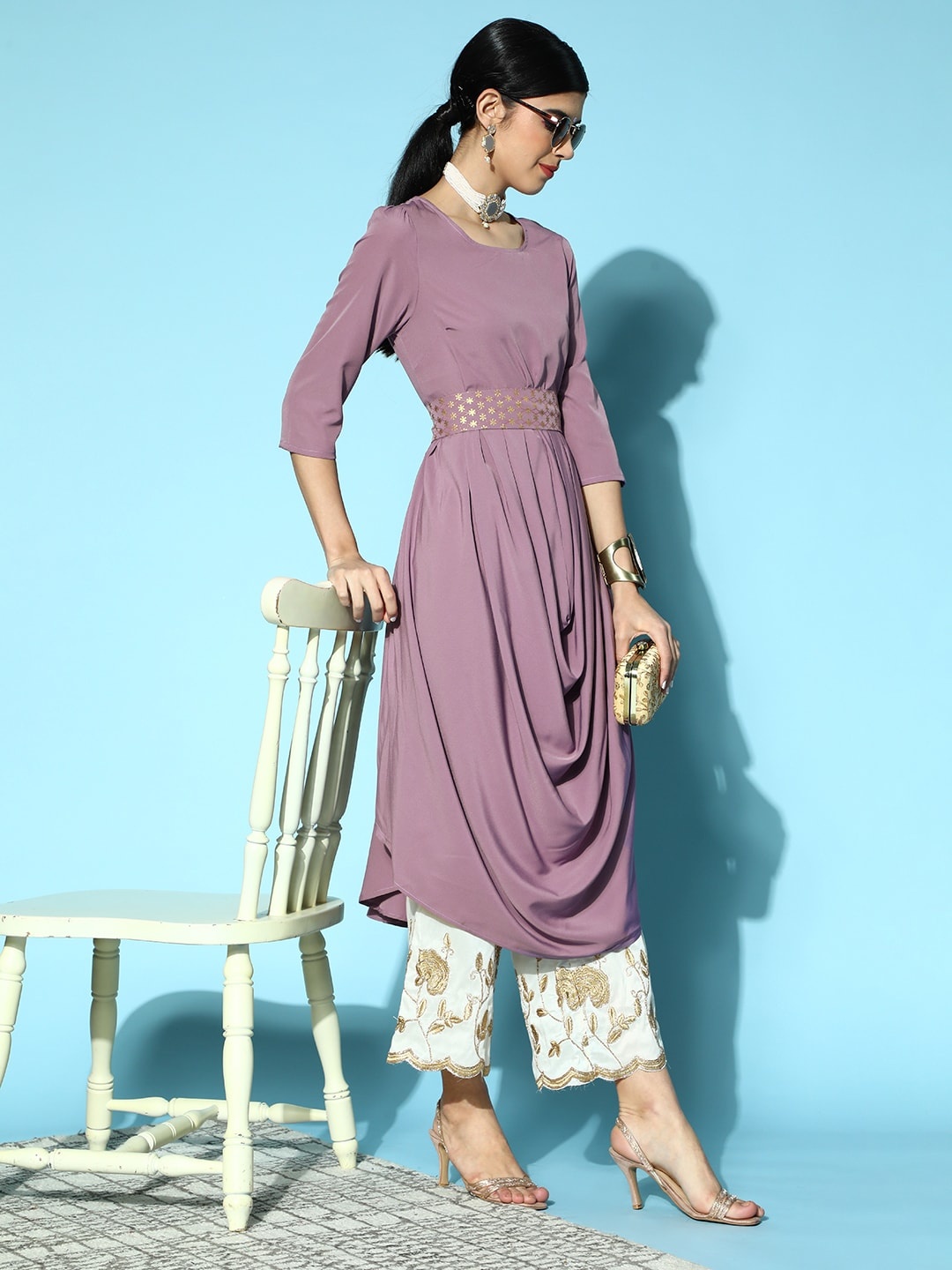 

Anouk Elegant Mauve Polyester Draped Luxe Kurta