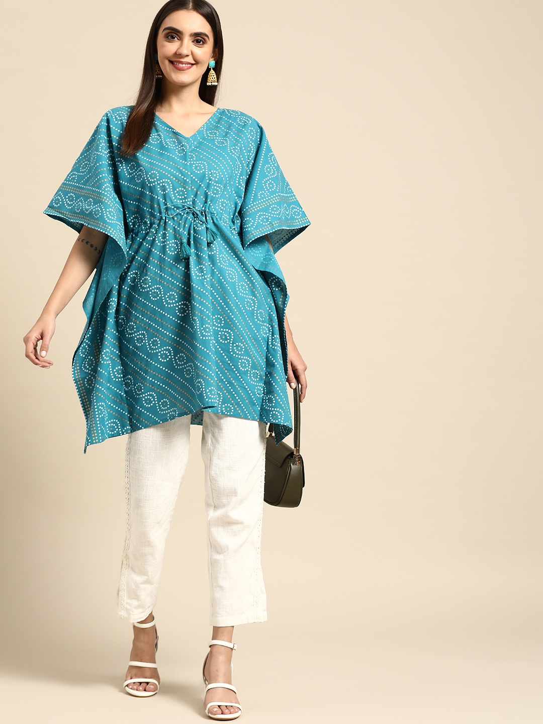

Anouk Blue Pure Cotton Bandhani Printed V-Neck Flared Sleeves Kaftan Kurti