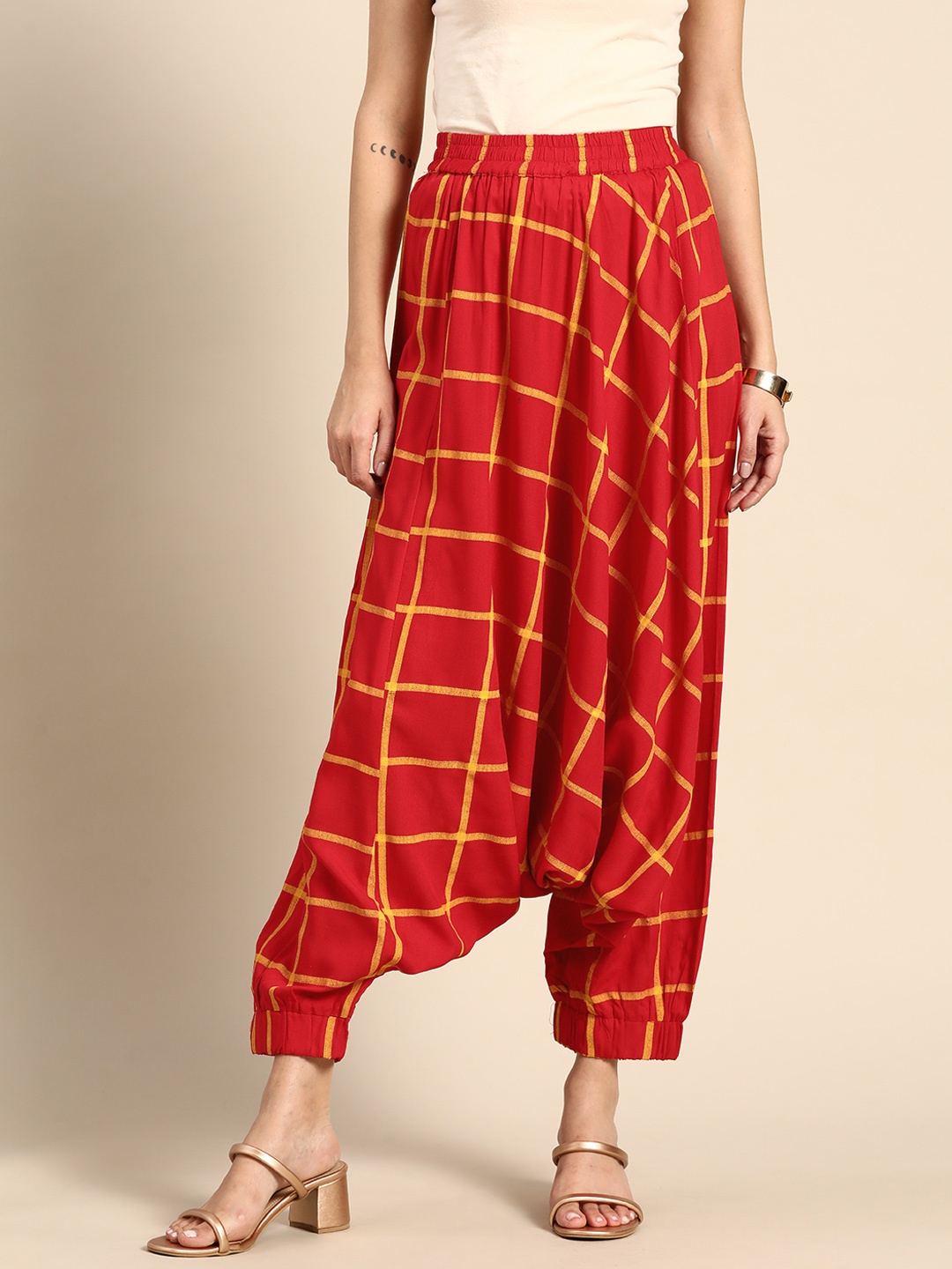 

Anouk Women Red & Mustard Yellow Loose Fit Mid-Rise Checked Harem Pants