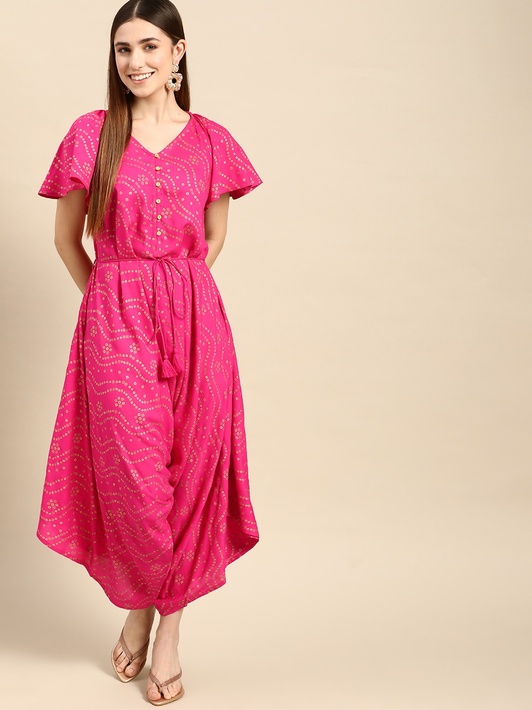 

Anouk Women Pink & Golden Ethnic Motifs Printed Basic Jumpsuit