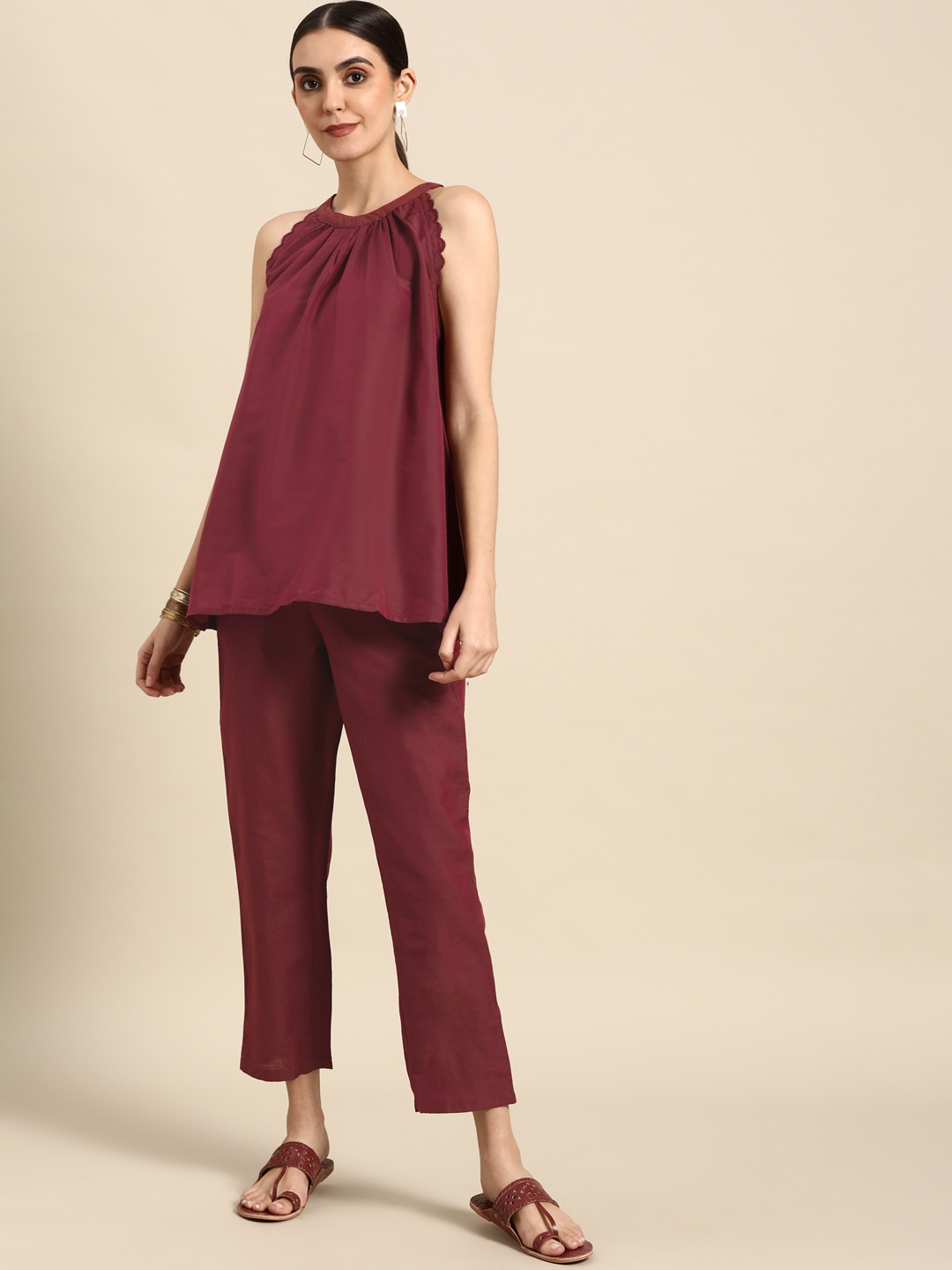 

Anouk Women Maroon Pleated Top with Solid Trousers