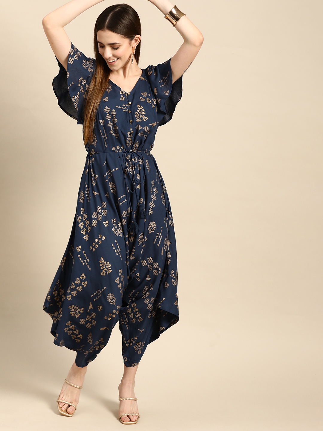 

Anouk Navy Blue & Golden Ethnic Motifs Printed Basic Jumpsuit