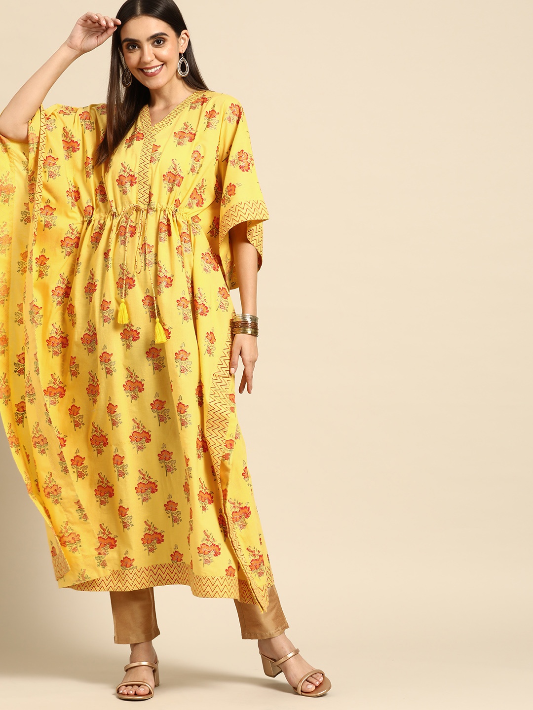 

Anouk Women Yellow Ethnic Motifs Printed Flared Sleeves Kaftan Kurta