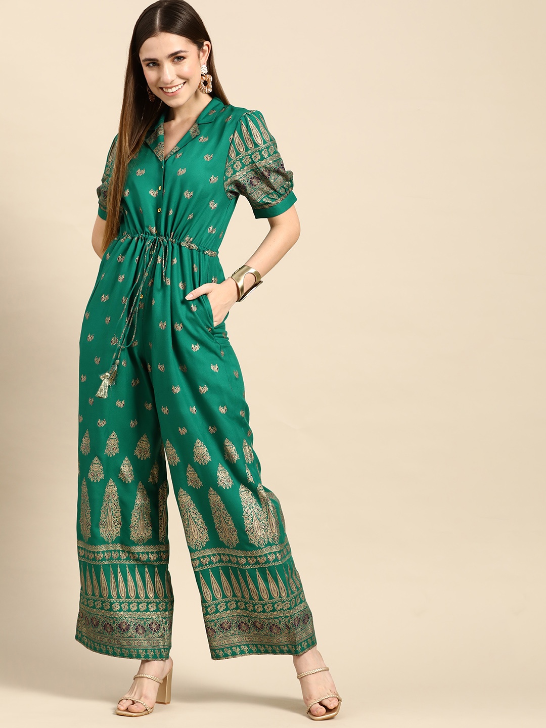 

Anouk Women Green & Golden Ethnic Motifs Printed Basic Jumpsuit