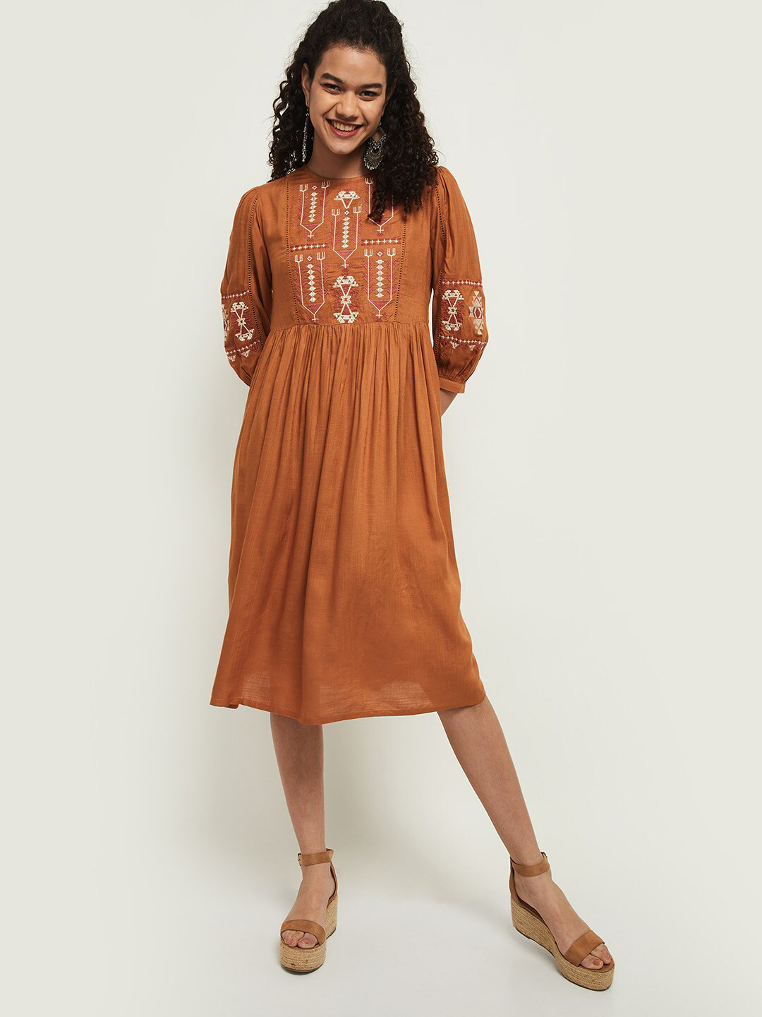 

max Brown Tribal Embroidered A-Line Dress