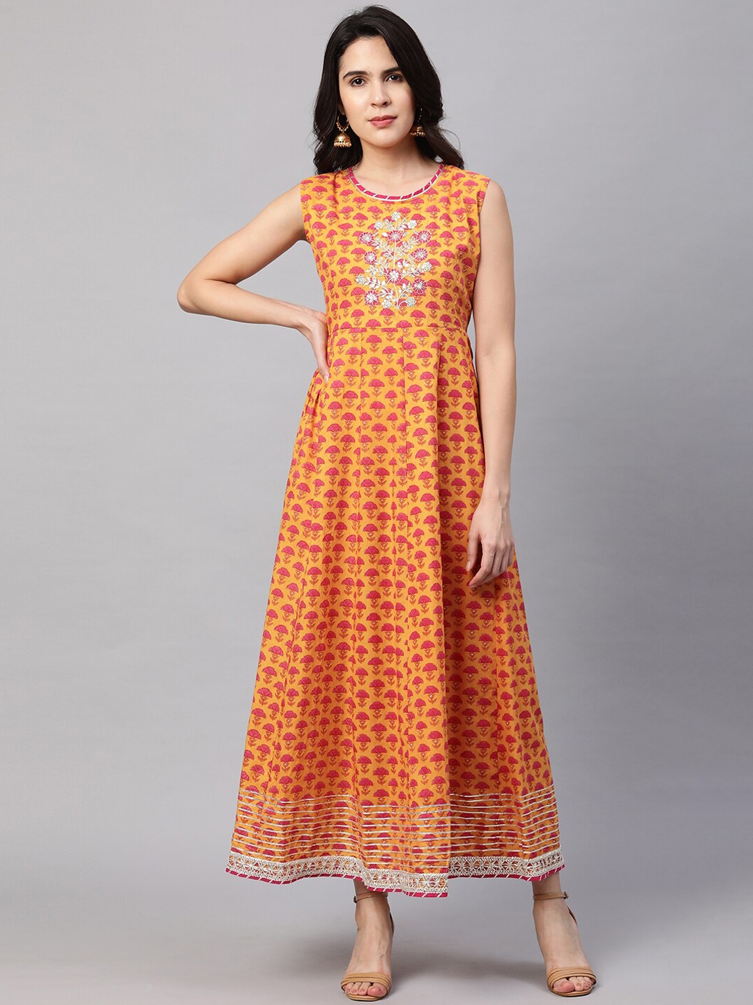 

FASHOR Mustard & Red Ethnic Motifs Ethnic Maxi Dress