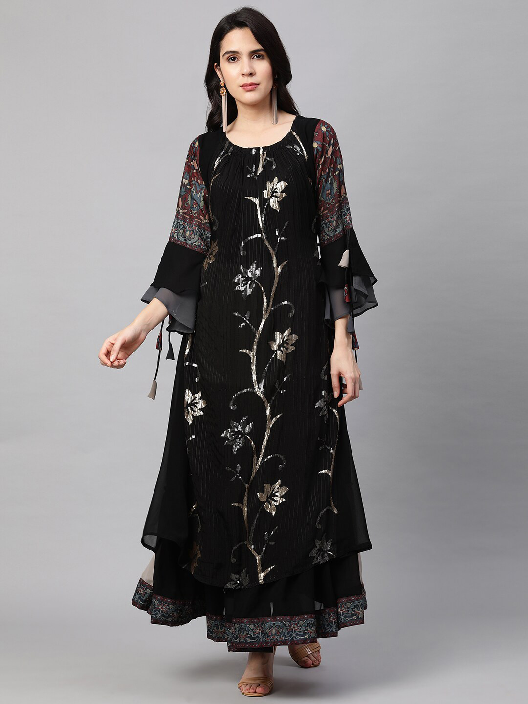 

FASHOR Black Floral Layered Georgette Maxi Dress