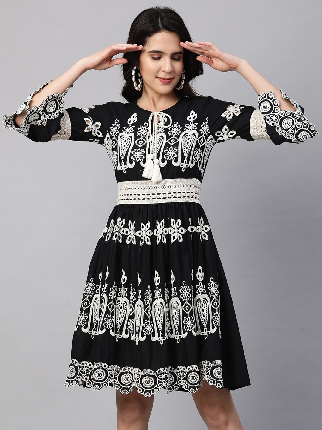 

FASHOR Black & White Embroidered Tie-Up Neck Dress