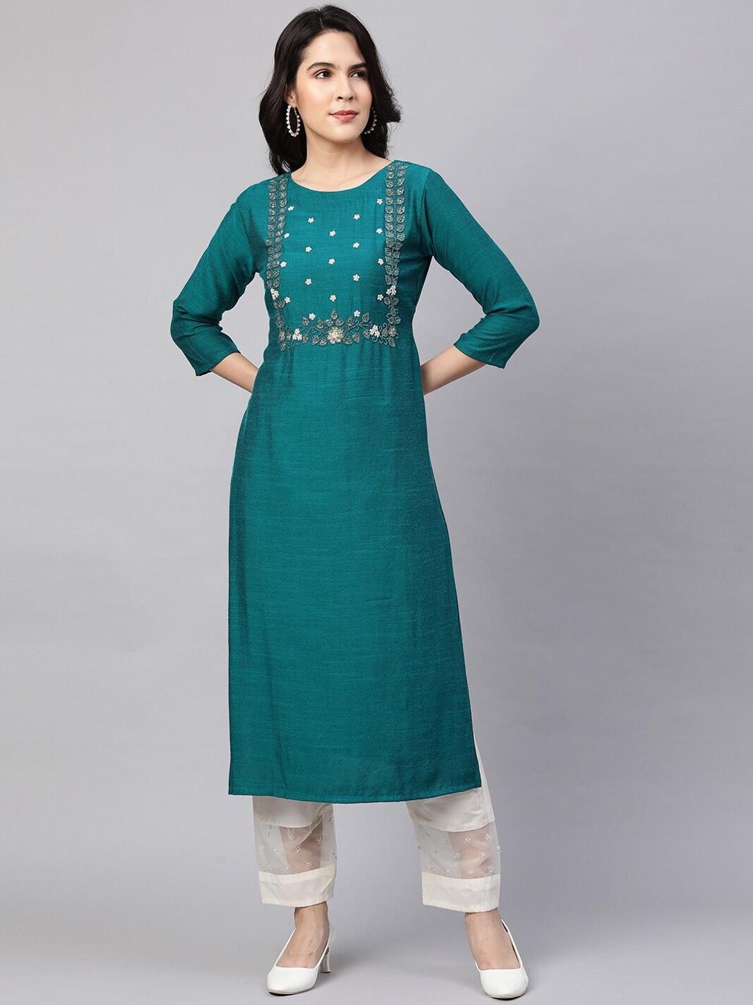 

FASHOR Women Blue Geometric Yoke Design Thread Work Kurta