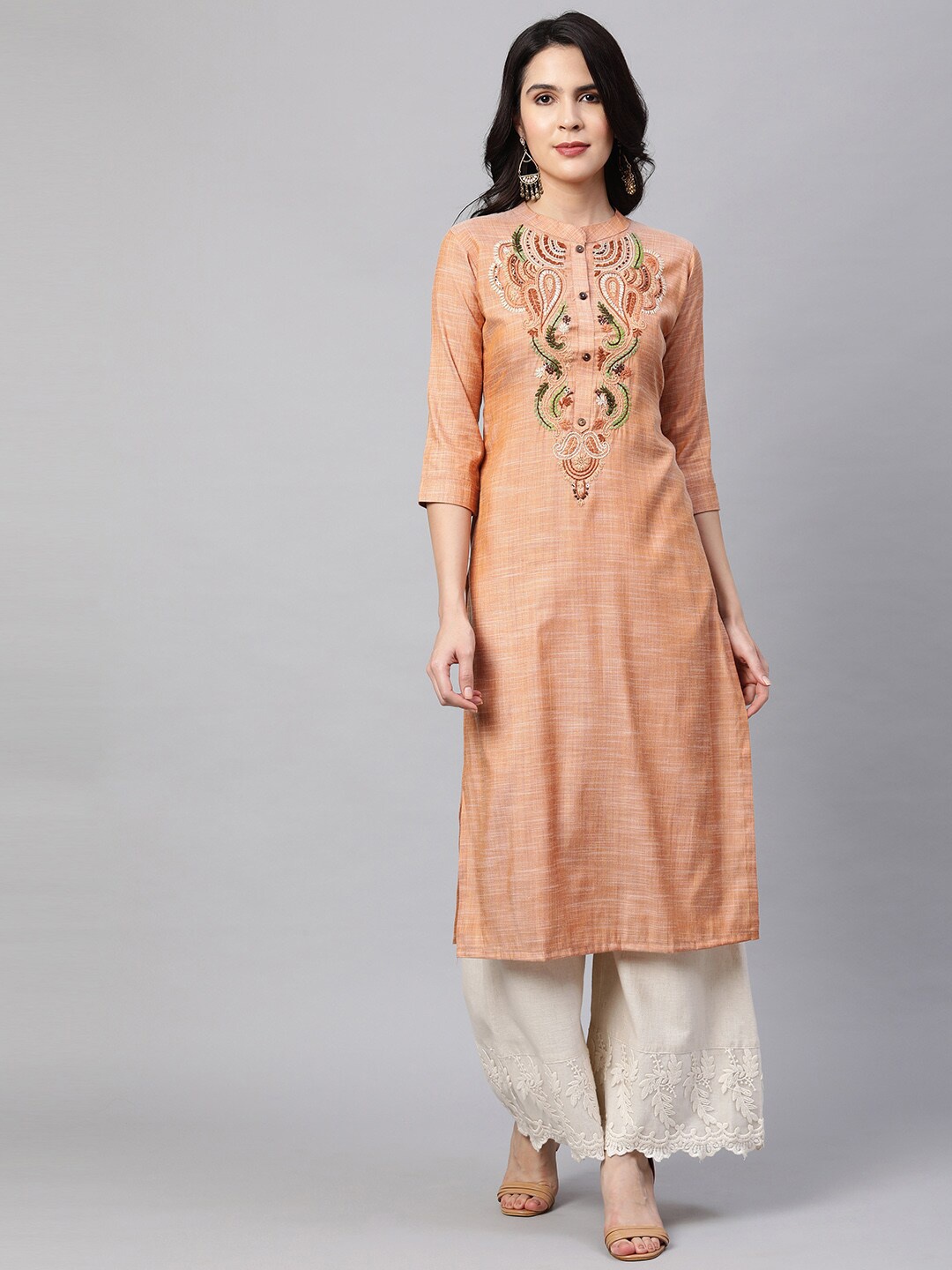 

FASHOR Women Orange Floral Embroidered A-Line Kurta