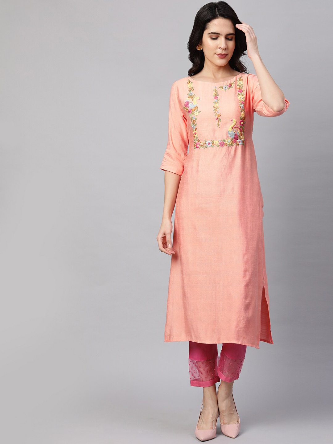 

FASHOR Women Peach Yoke Design Floral Embroidered Kurta