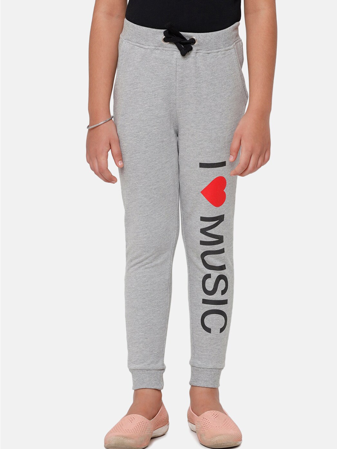 

De Moza Girls Grey Melange Printed Joggers