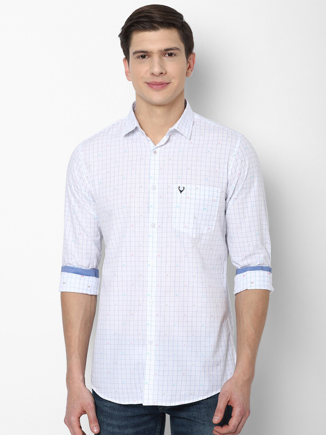 

Allen Solly Men White & Blue Slim Fit Grid Tattersall Checks Pure Cotton Casual Shirt