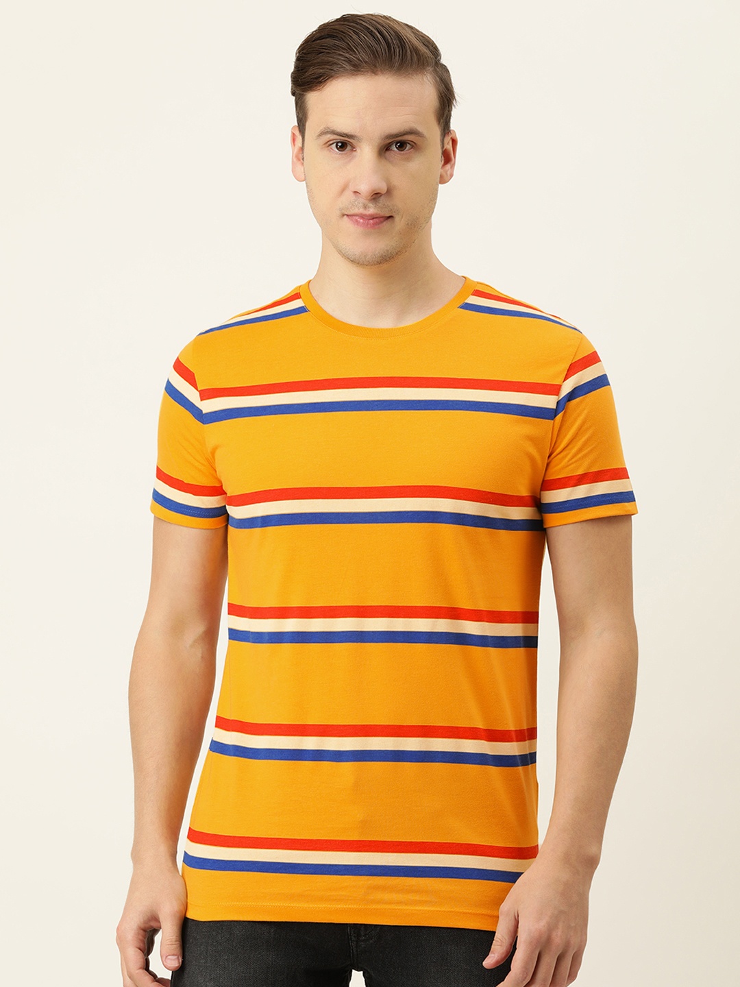 

Peter England Casuals Men Orange Striped Slim Fit T-shirt