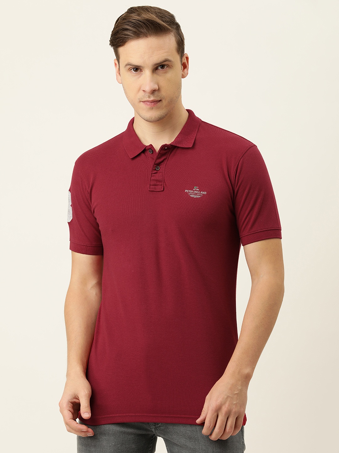 

Peter England Casuals Men Maroon & Grey Printed Polo Collar Slim Fit T-shirt