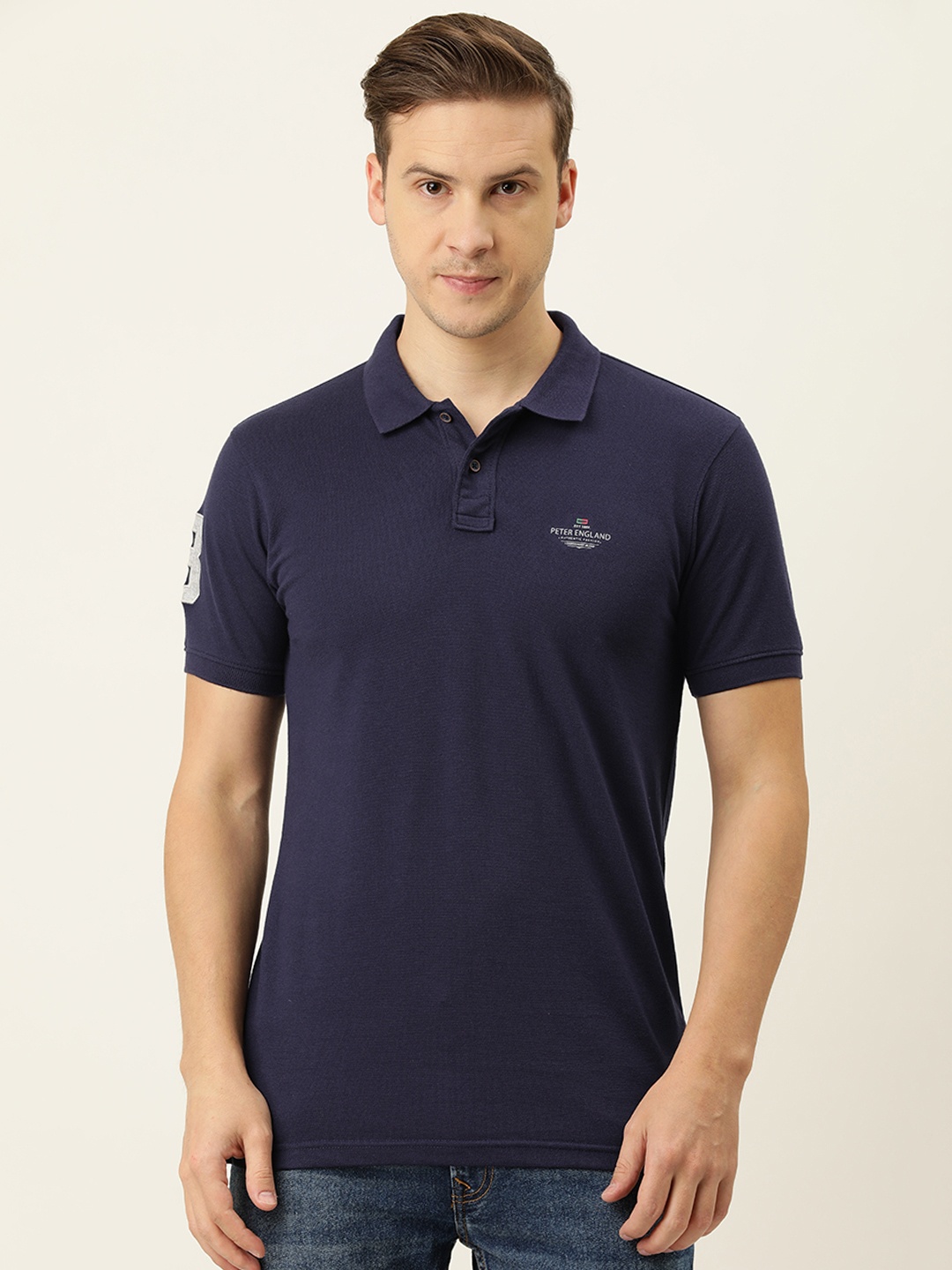 

Peter England Casuals Men Blue & Grey Printed Polo Collar Slim Fit T-shirt