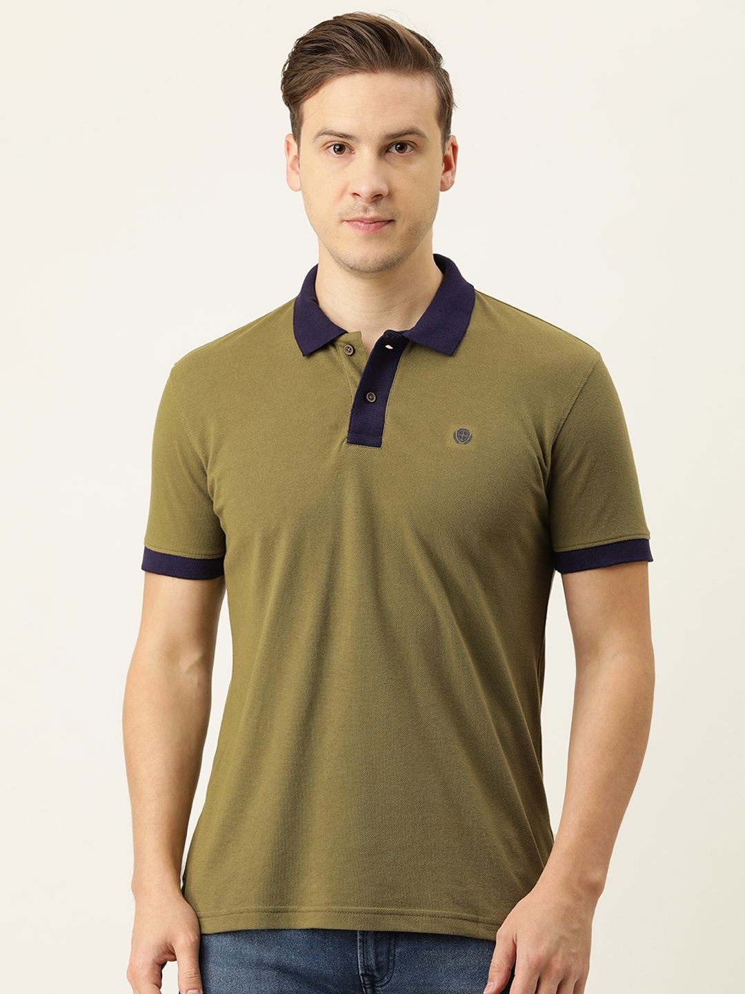 

PETER ENGLAND UNIVERSITY Men Olive Green Polo Collar Slim Fit T-shirt