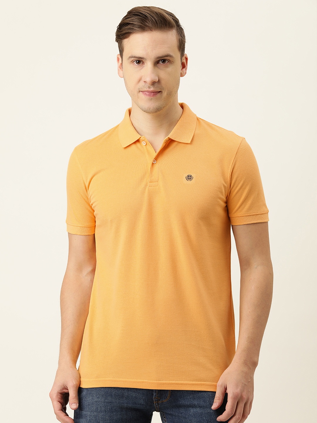 

PETER ENGLAND UNIVERSITY Men Yellow Solid Polo Collar Slim Fit T-shirt