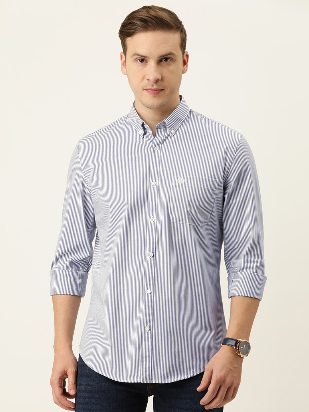 

PETER ENGLAND UNIVERSITY Men Blue & White Super Slim Fit Striped Casual Shirt