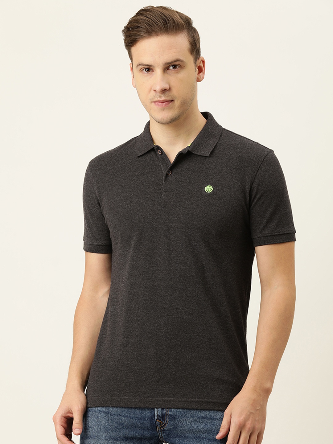 

PETER ENGLAND UNIVERSITY Men Charcoal Solid Polo Collar Slim Fit T-shirt