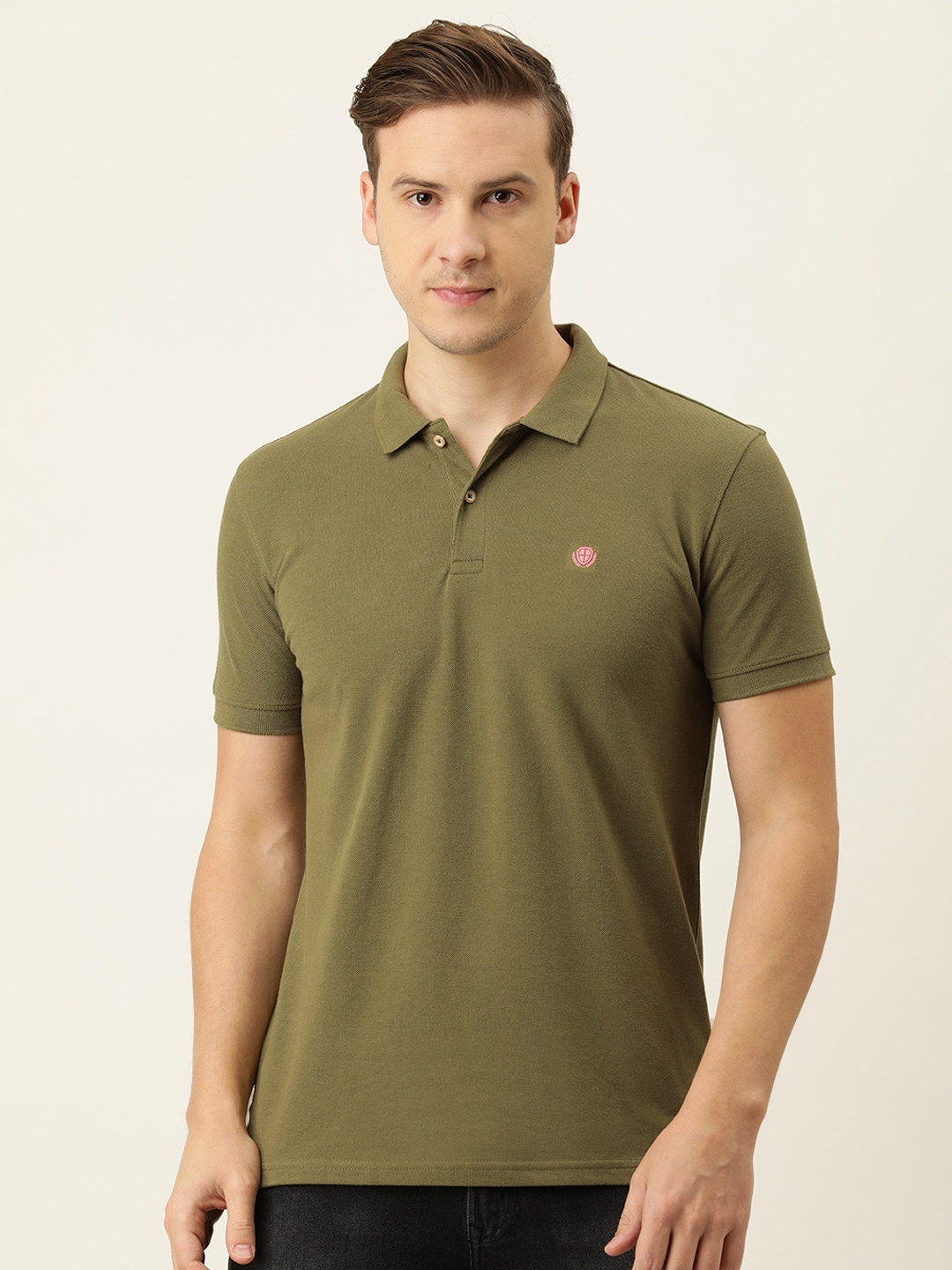 

PETER ENGLAND UNIVERSITY Men Olive Green Polo Collar Slim Fit T-shirt