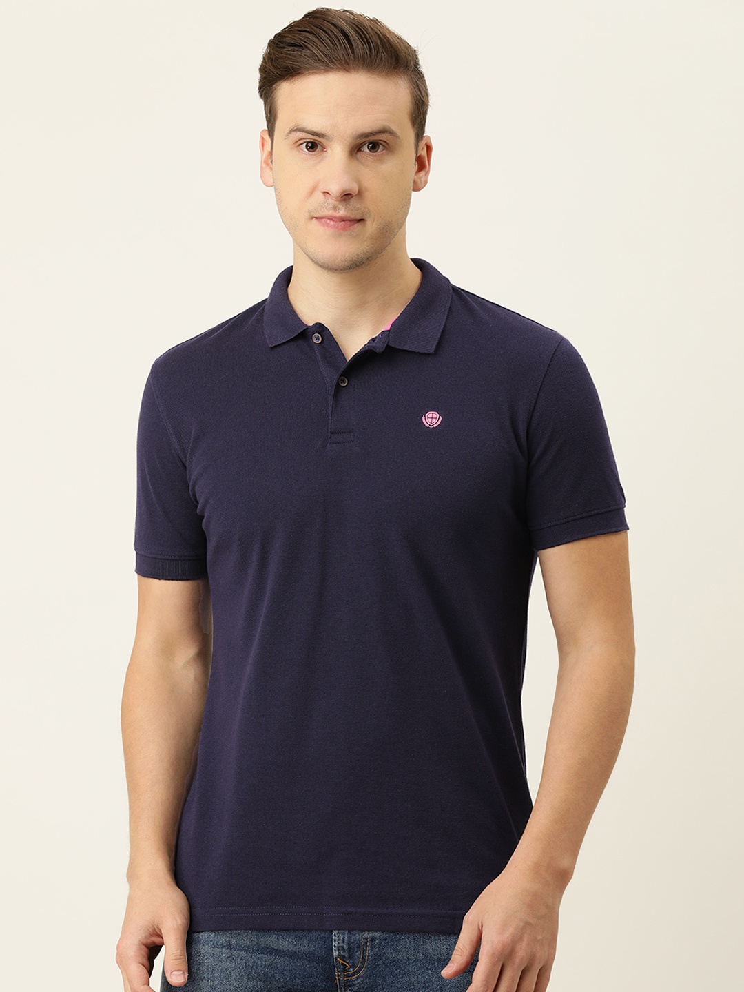 

PETER ENGLAND UNIVERSITY Men Navy Blue Polo Collar Slim Fit T-shirt
