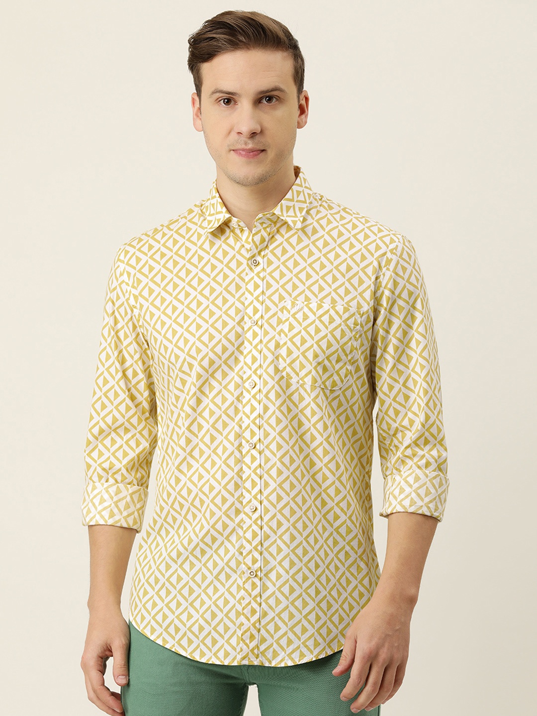 

PETER ENGLAND UNIVERSITY Men Yellow Super Slim Fit Printed Pure Cotton Casual Shirt