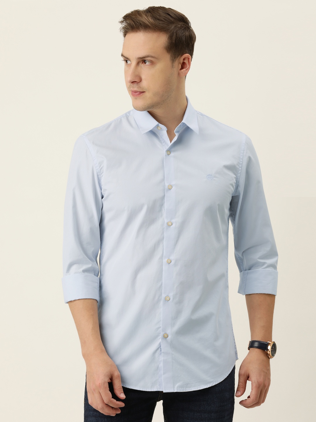 

PETER ENGLAND UNIVERSITY Men Blue Super Slim Fit Pure Cotton Casual Shirt