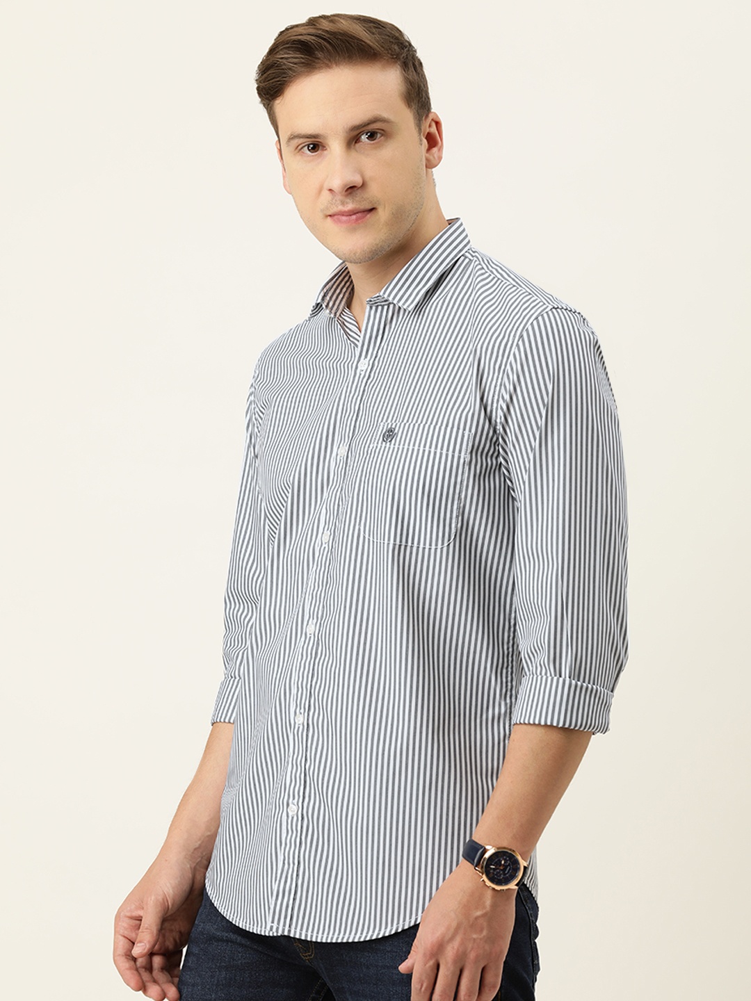 

PETER ENGLAND UNIVERSITY Men Grey & White Striped Slim Fit Casual Shirt