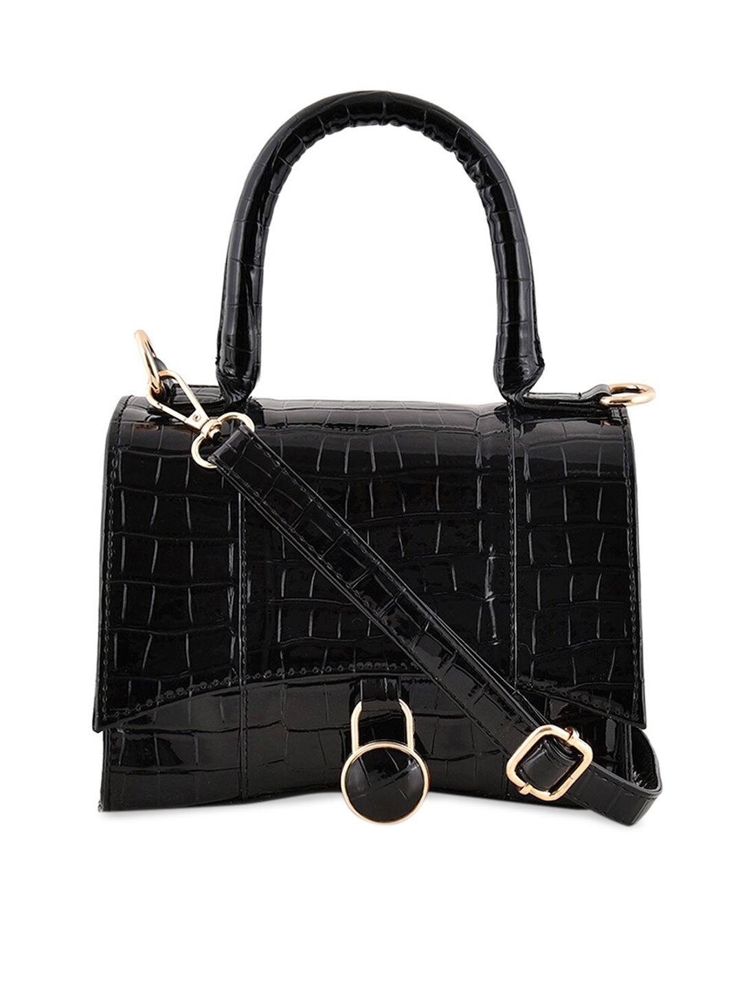 

Lychee bags Black Textured PU Structured Handheld Bag