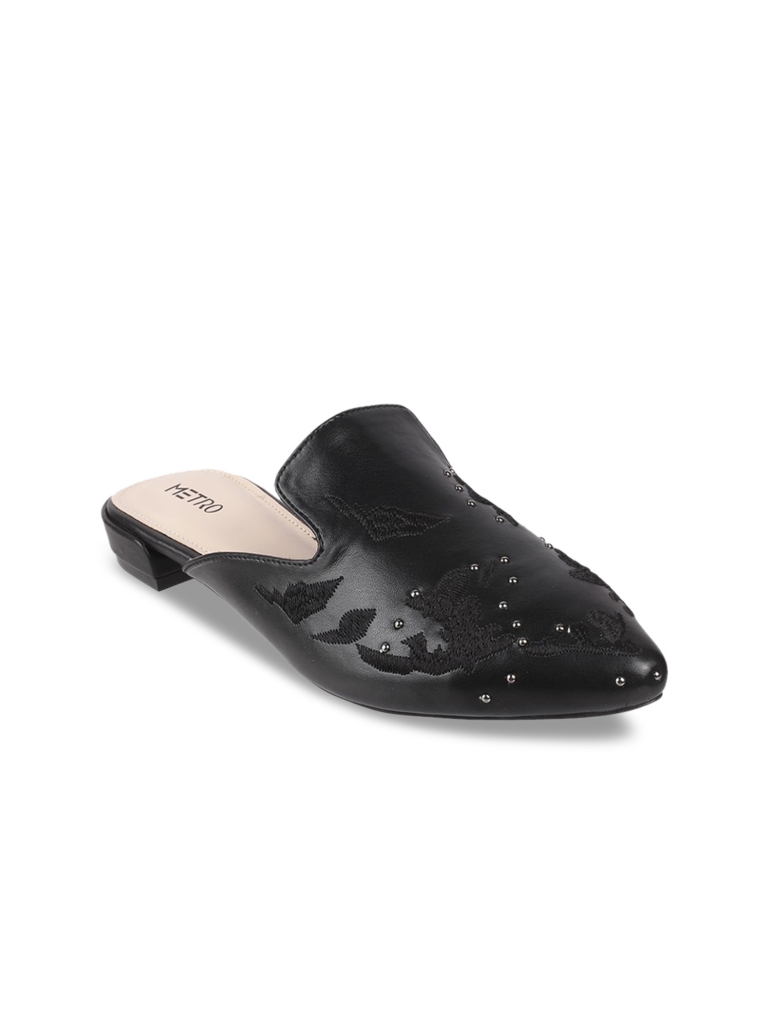

Metro Women Black Embellished Mules with Embroidered Flats