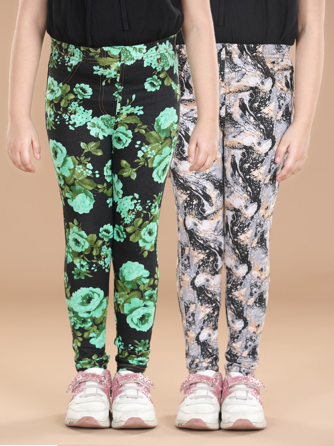 

StyleStone Girls Pack of 2 Printed Cotton Regular Fit Jeggings, Black
