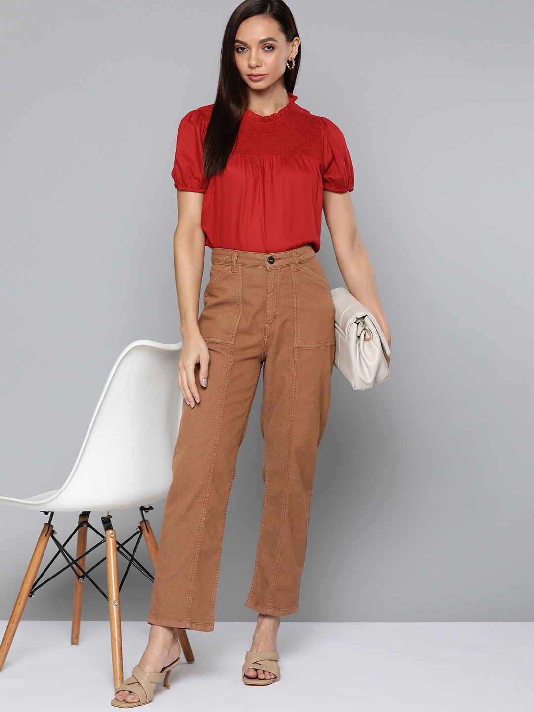 

Chemistry Red Round Neck Smocked Puff Sleeve Top