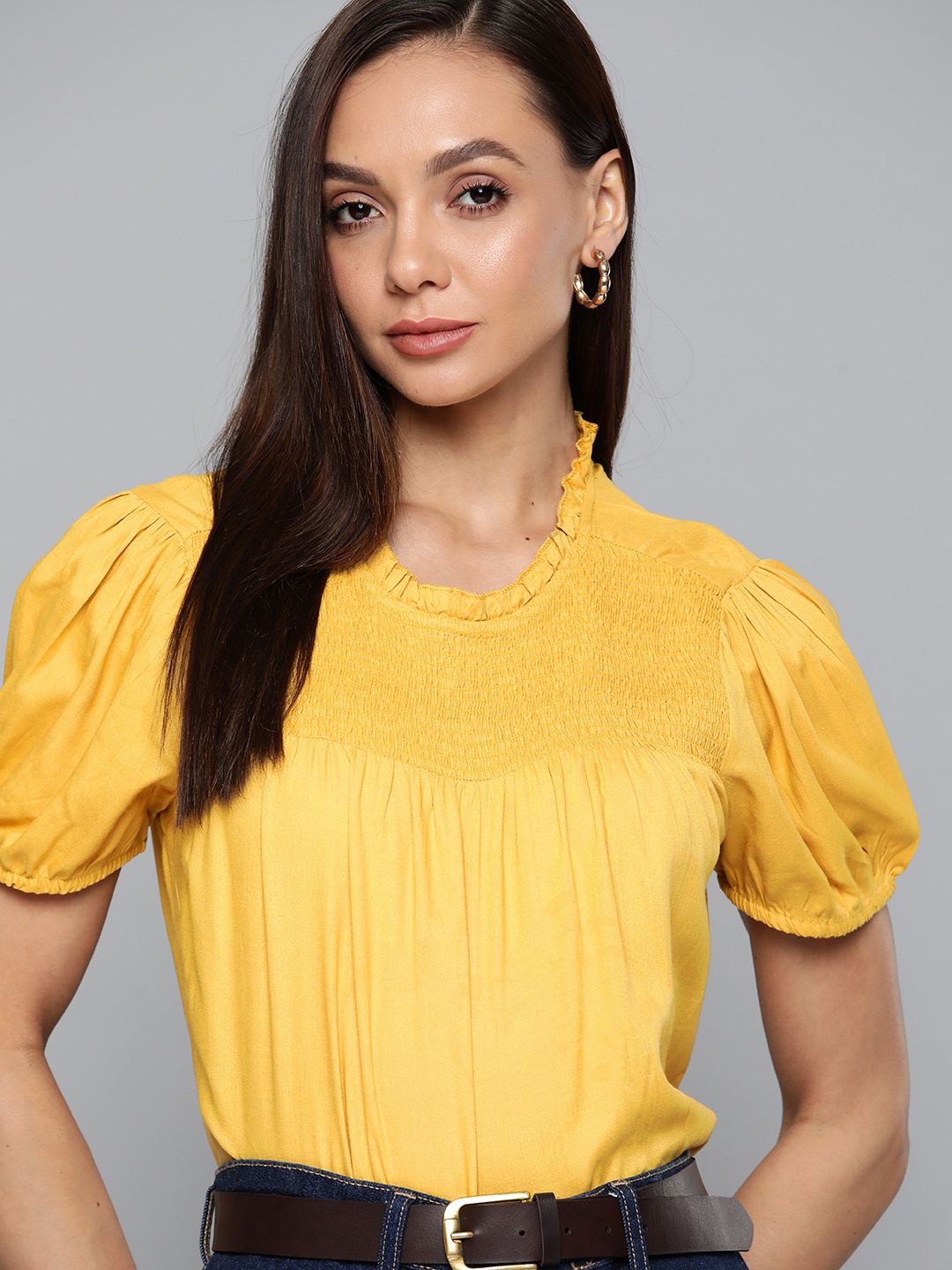 

Chemistry Mustard Yellow Round Neck Smocked Puff Sleeve Top