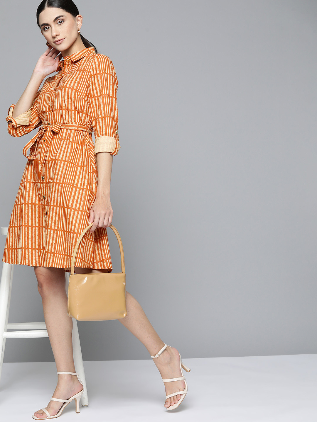 

Chemistry Mustard Brown & Cream-Coloured Striped Pure Cotton Shirt Dress