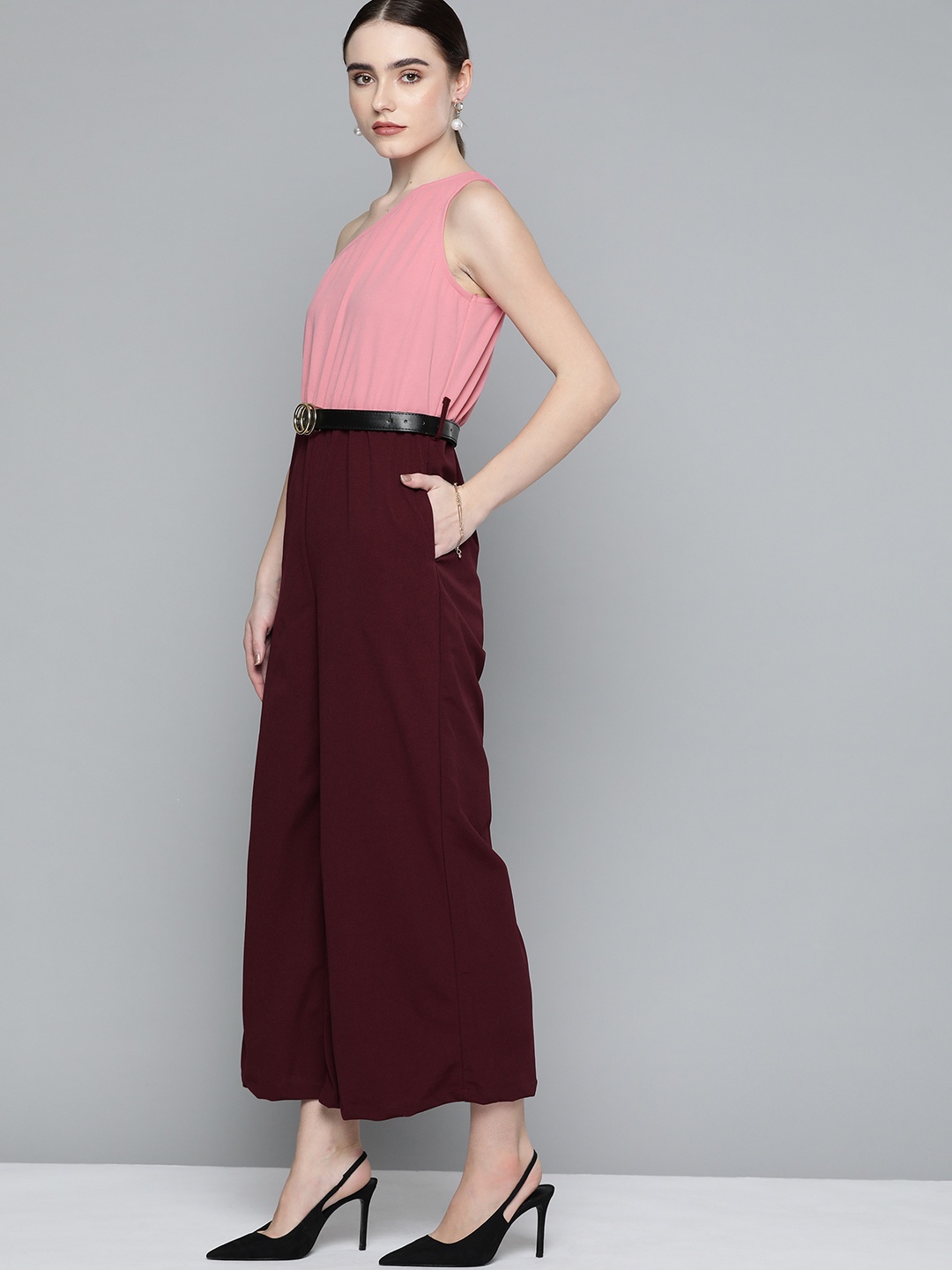 

Chemistry Pink & Maroon Colourblocked One-Shoulder Basic Jumpsuit