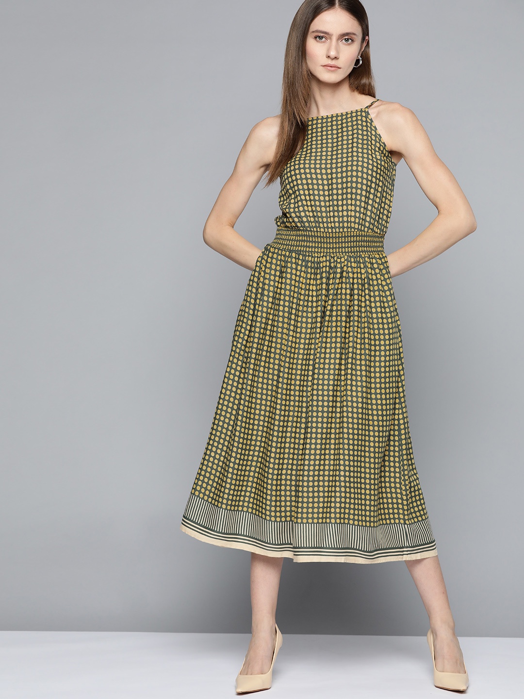 

Chemistry Green & Mustard Yellow A-Line Midi Dress