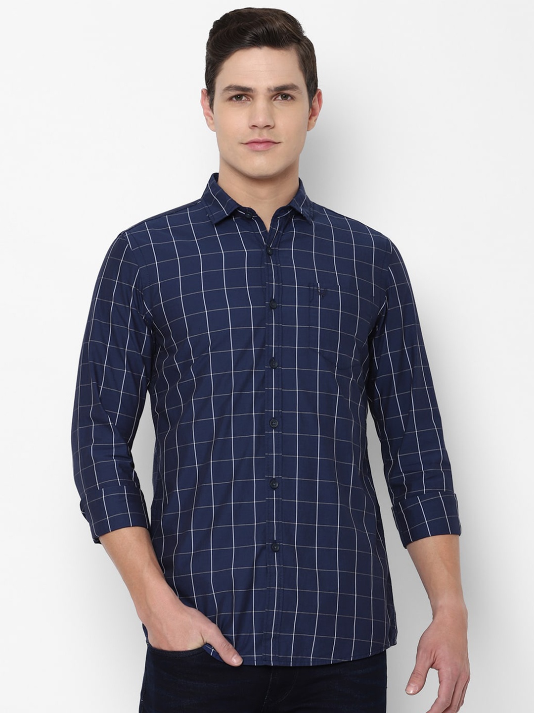 

Allen Solly Sport Men Navy Blue Grid Tattersall Checked Regular Fit Cotton Casual Shirt