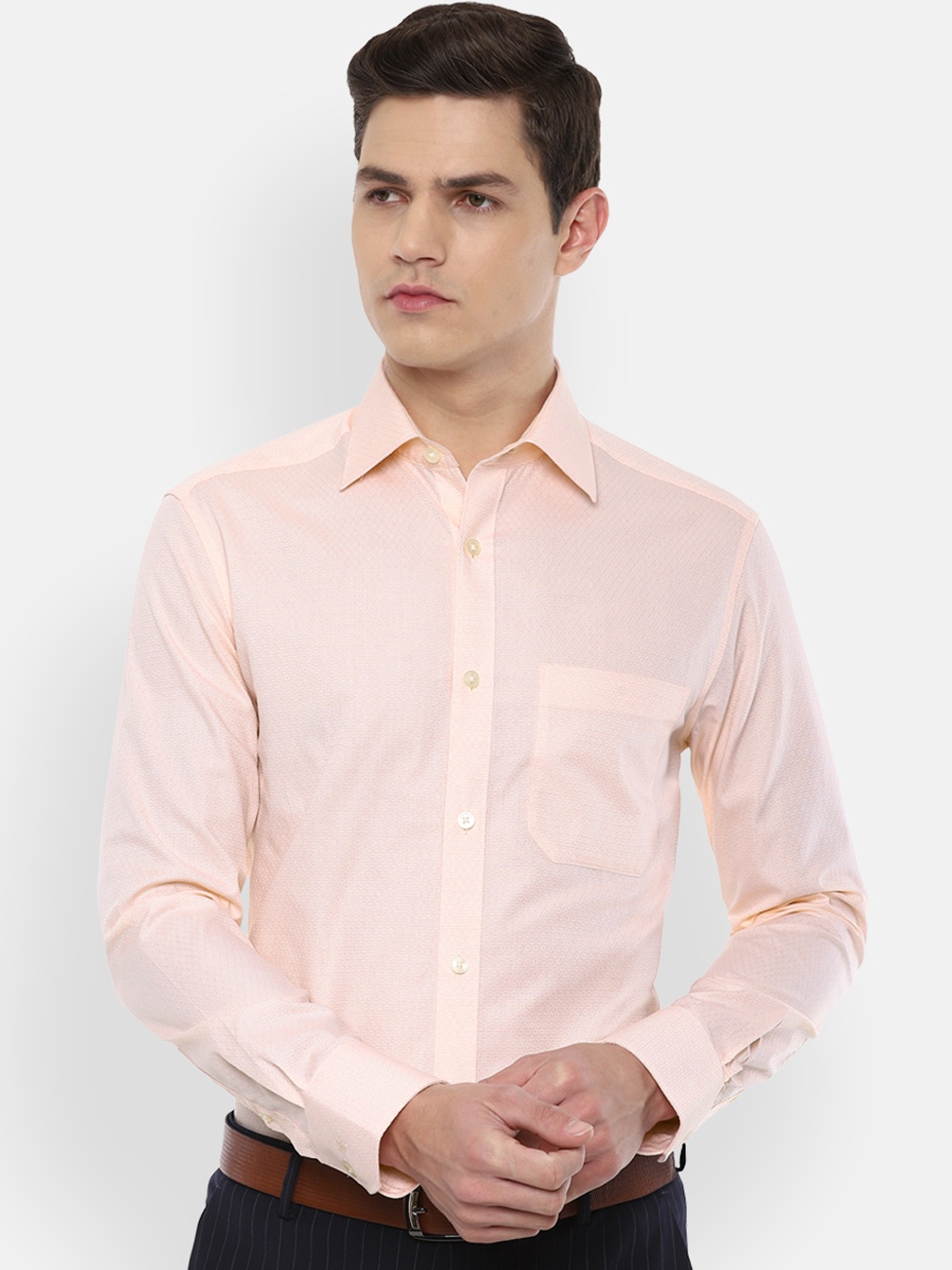 

Louis Philippe Men Peach-Coloured Regular Fit Self Design Cotton Formal Shirt