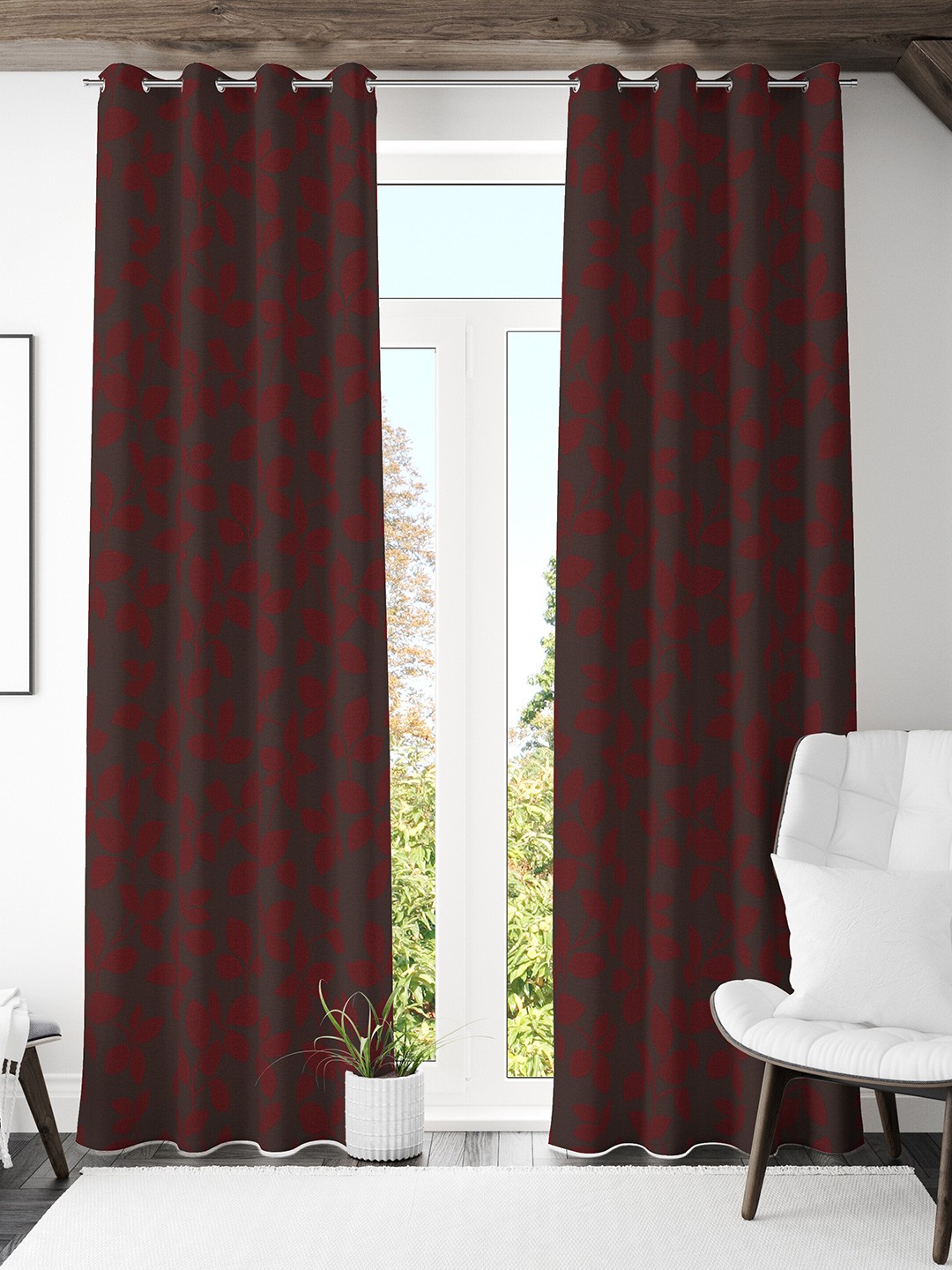 

S9home by Seasons Black & Maroon Set of 2 Floral Printed Room Darkening Long Door Curtain