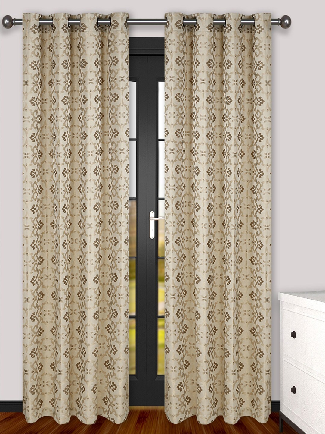 

S9home by Seasons Beige & Brown Set of 2 Ethnic Motifs Room Darkening Window Curtain