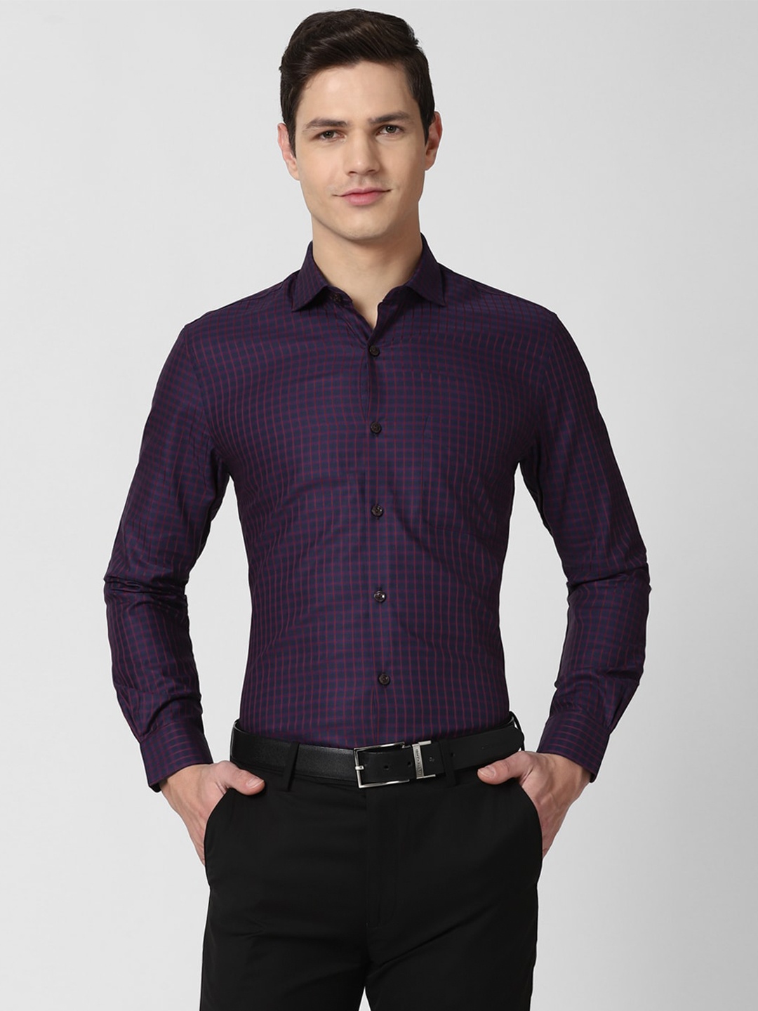 

Peter England Elite Men Purple Slim Fit Grid Tattersall Pure Cotton Formal Shirt