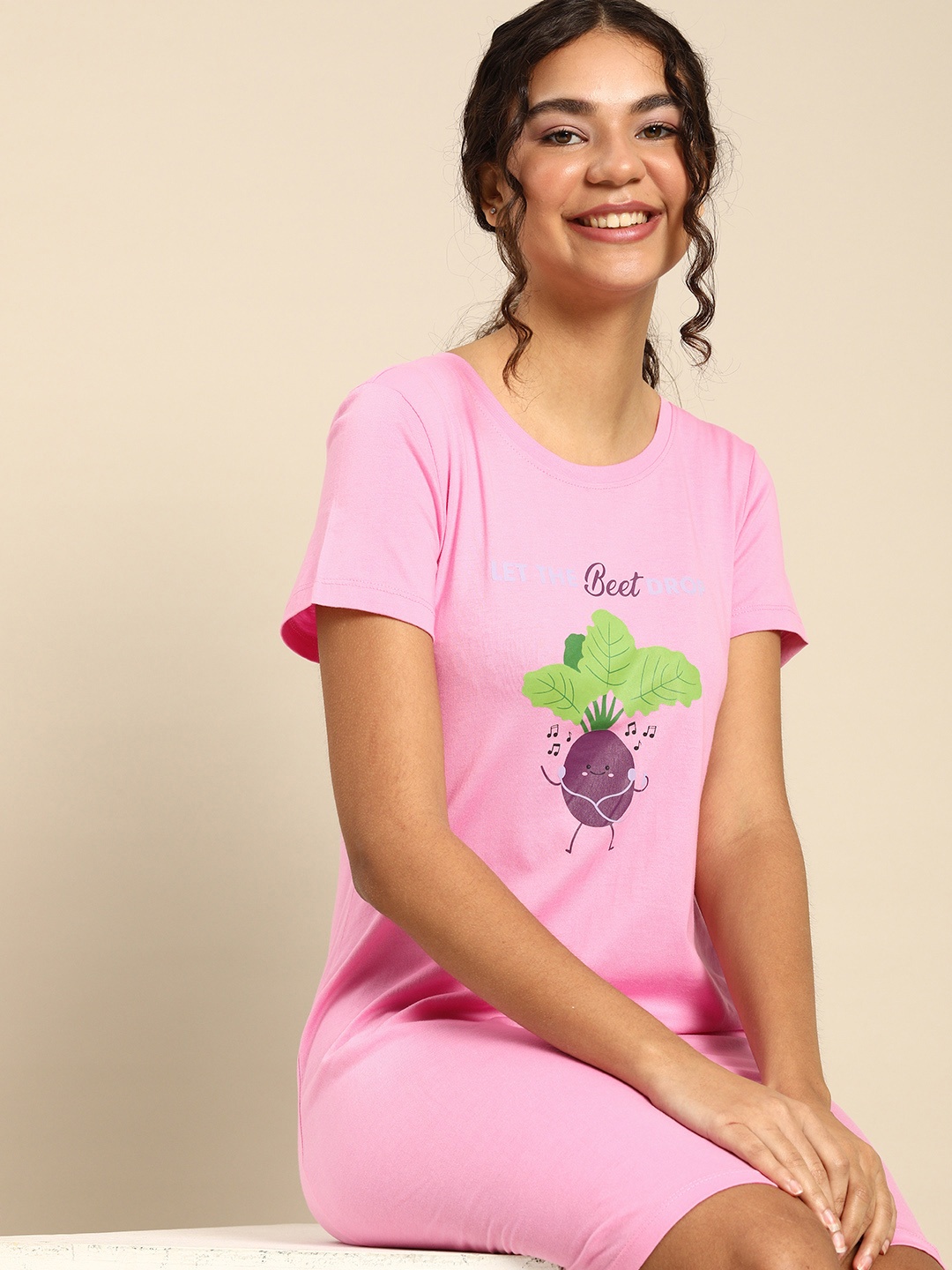 

Dreamz by Pantaloons Women Pink Printed Pure Cotton T-Shirt Nightdress